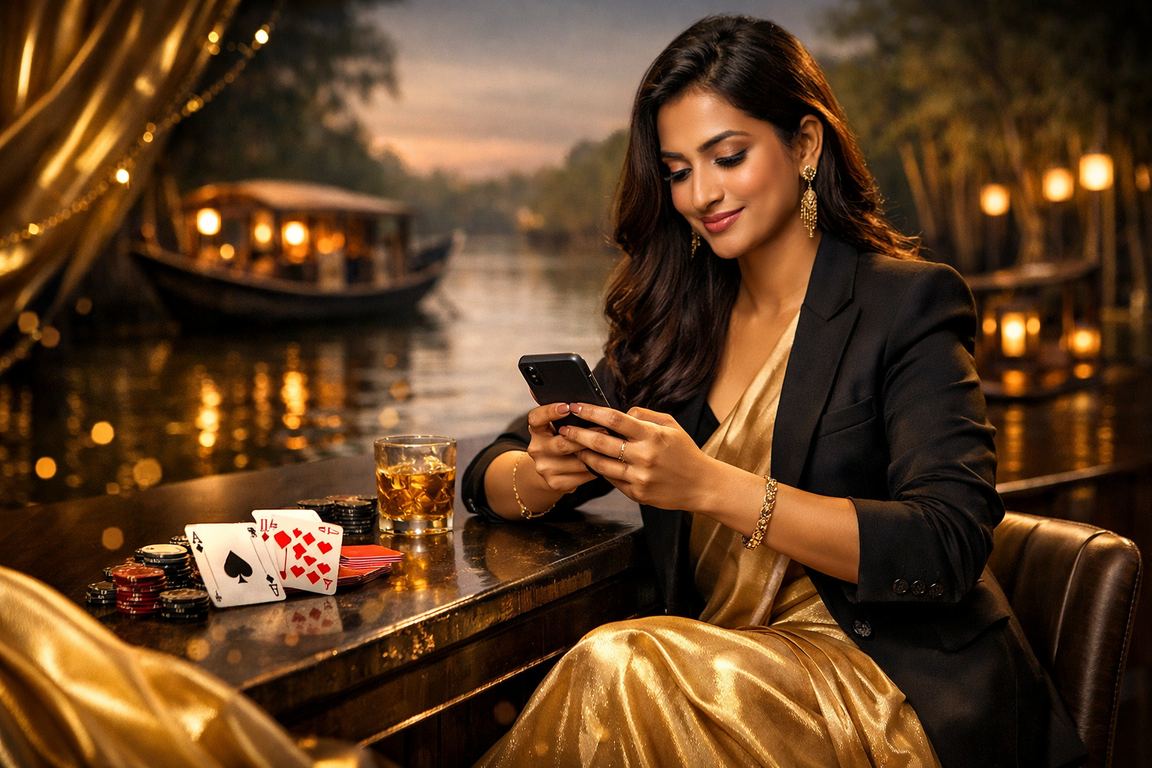 সুন্দরবন অঞ্চলে শাড়ি পরা নারী রামি কার্ড গেম উপভোগ করছেন
